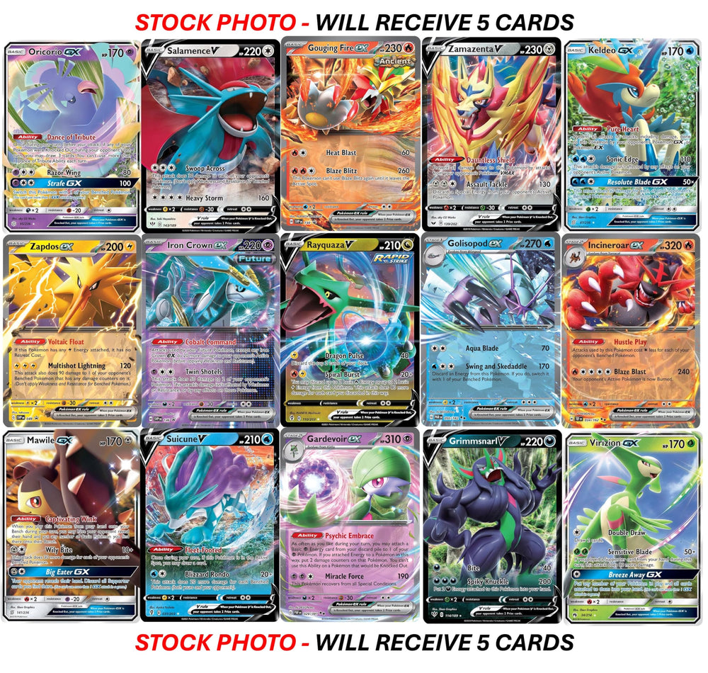 Pokémon V GX EX cards variety shown in dynamic display.