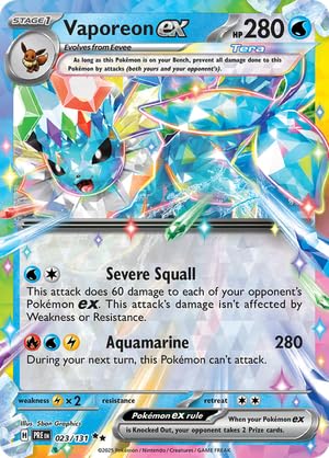 Pokémon Vaporeon ex 023/131 foil card from Prismatic Evolutions, ideal for display and collection.