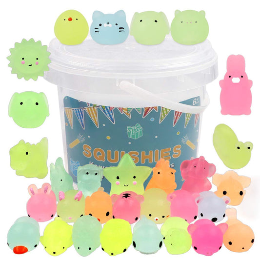 POKONBOY 23-pack glow-in-the-dark squishies with storage bucket for easy party cleanup