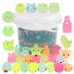 POKONBOY 23-pack glow-in-the-dark squishies with storage bucket for easy party cleanup