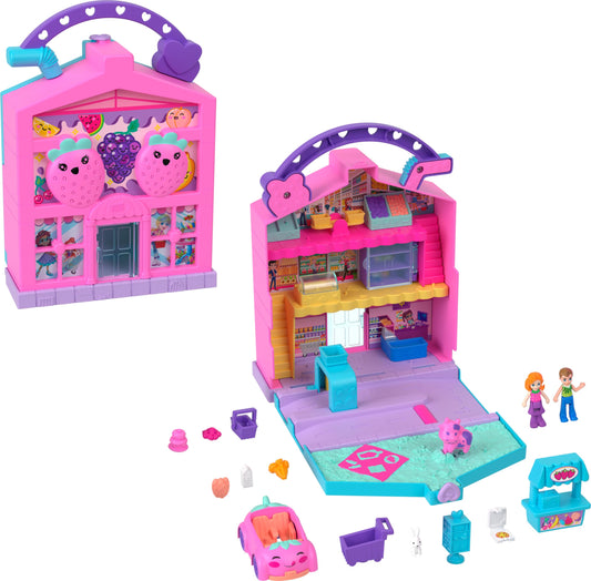 Polly Pocket Fresh Market juice-box exterior opens to a colorful mini grocery scene for imaginative play.