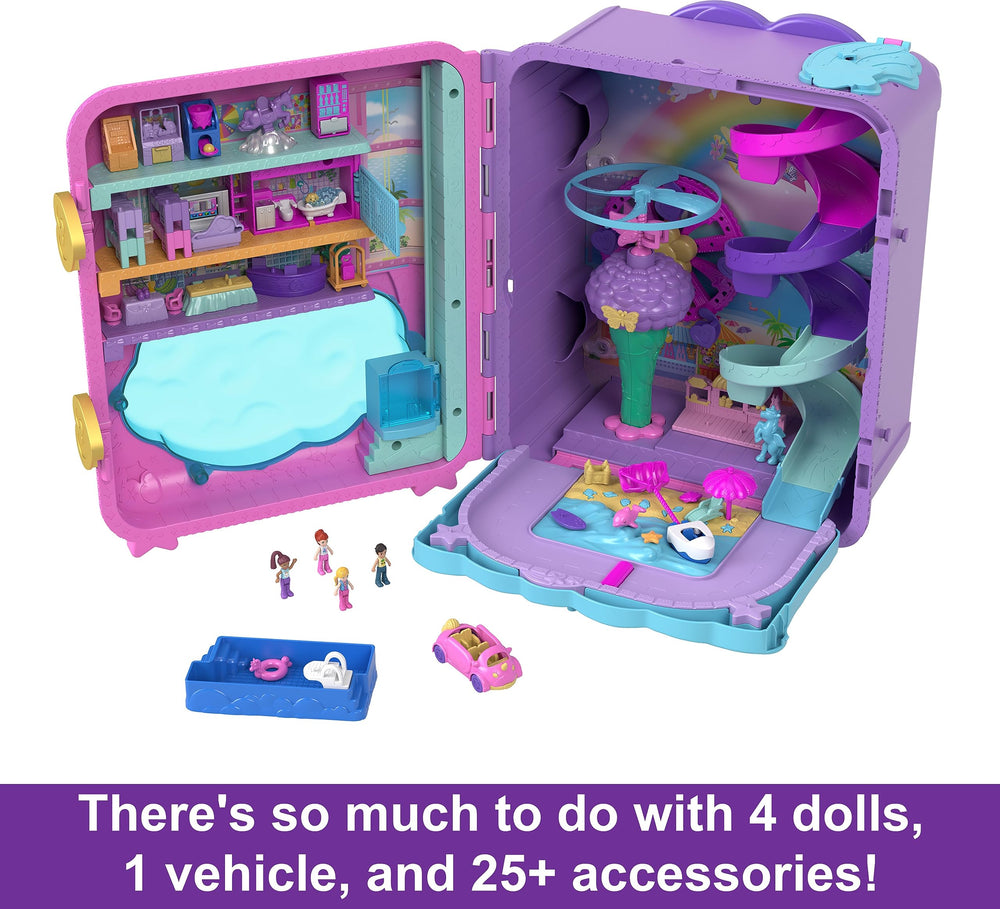 Polly Pocket helicopter and ferris wheel scenes expand travel-themed adventures.
