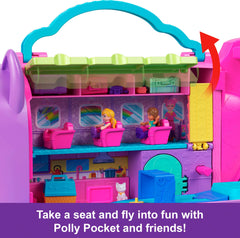 Polly Pocket Kitty Airways stage rotation lets mini performers shine during in-flight entertainment.