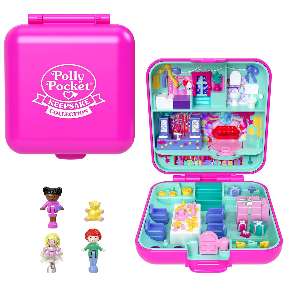 Polly Pocket Memories pencil case opened to reveal a party scene for imaginative play.