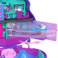 Polly Pocket Monster High playset opens to high school scene for imaginative stories.