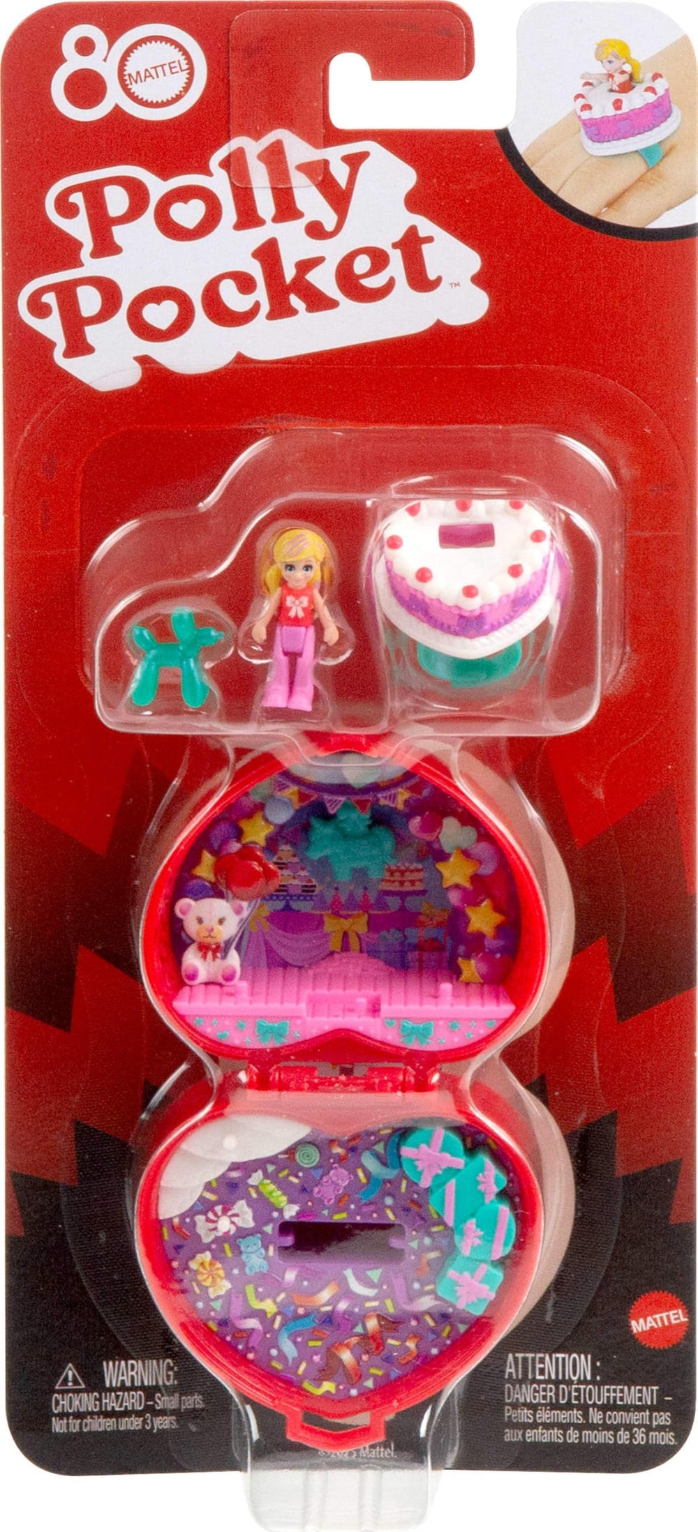 Polly Pocket ring-box open reveals festive scene and open-ended play.