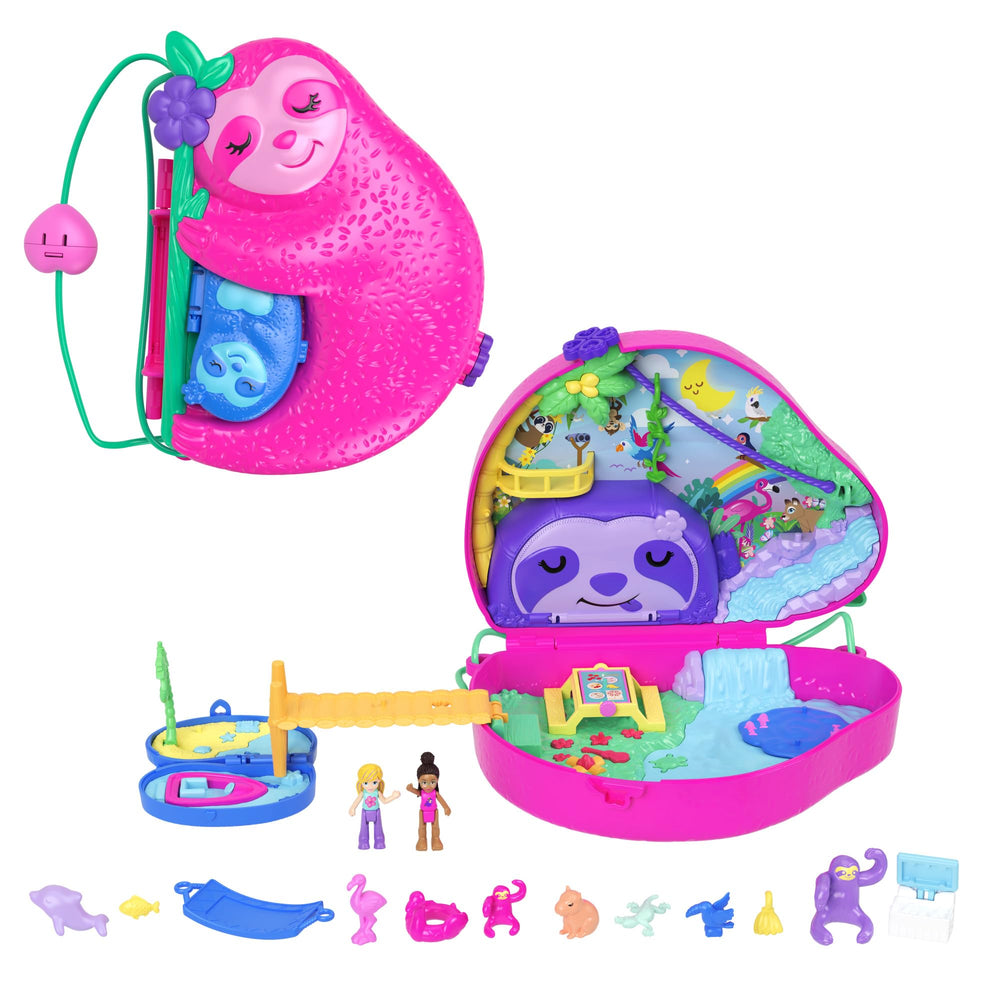 Polly Pocket Sloth 2-in-1 Purse Compact opening with momma and baby sloths for portable play