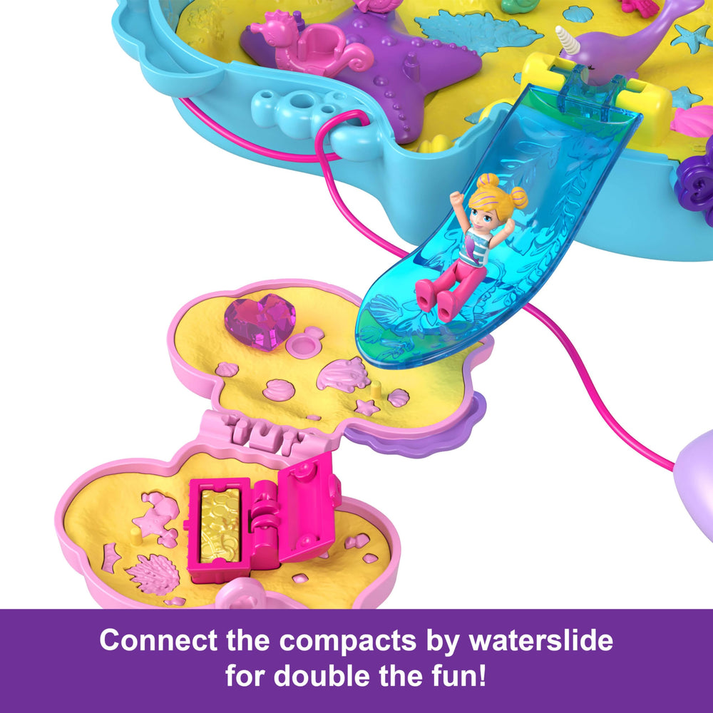 Polly Pocket waterslide links compacts for quick, on-the-go ocean adventures.
