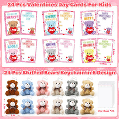 Polokping Valentines cards with heart boxes paired with plush bears for prizes and exchanges.