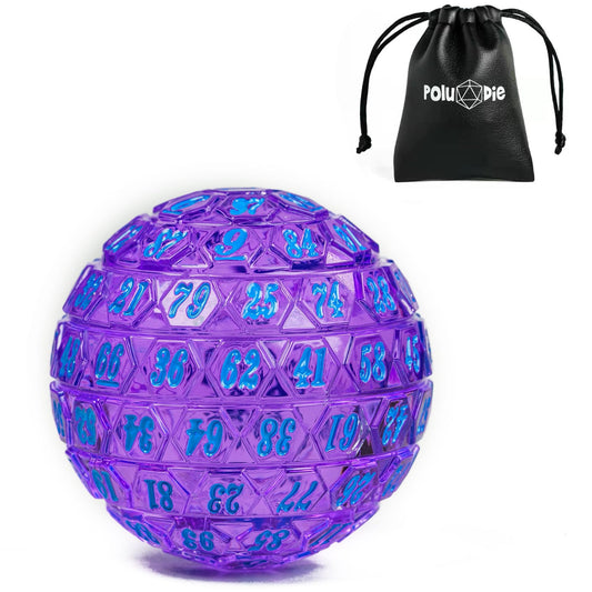 Poludie 100-sides D100 die in transparent purple with blue numbers for easy reading