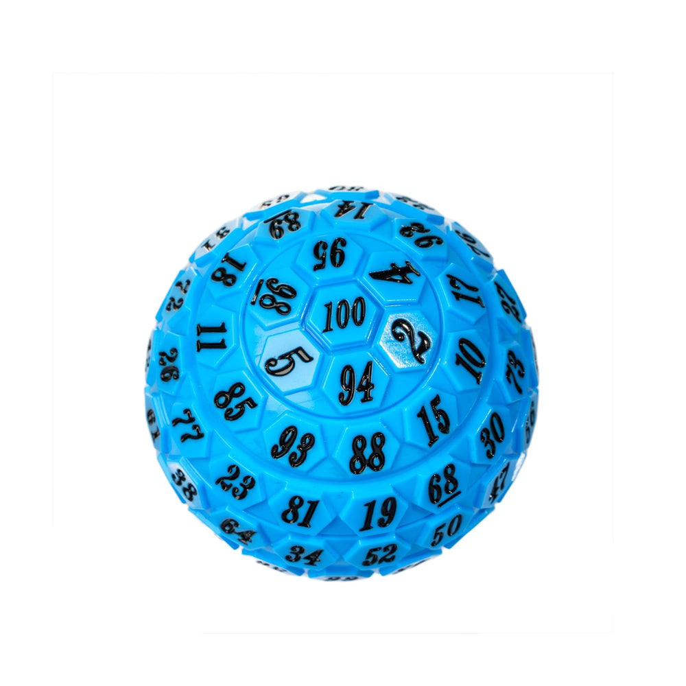 Poludie blue D100 in play during fantasy adventures.