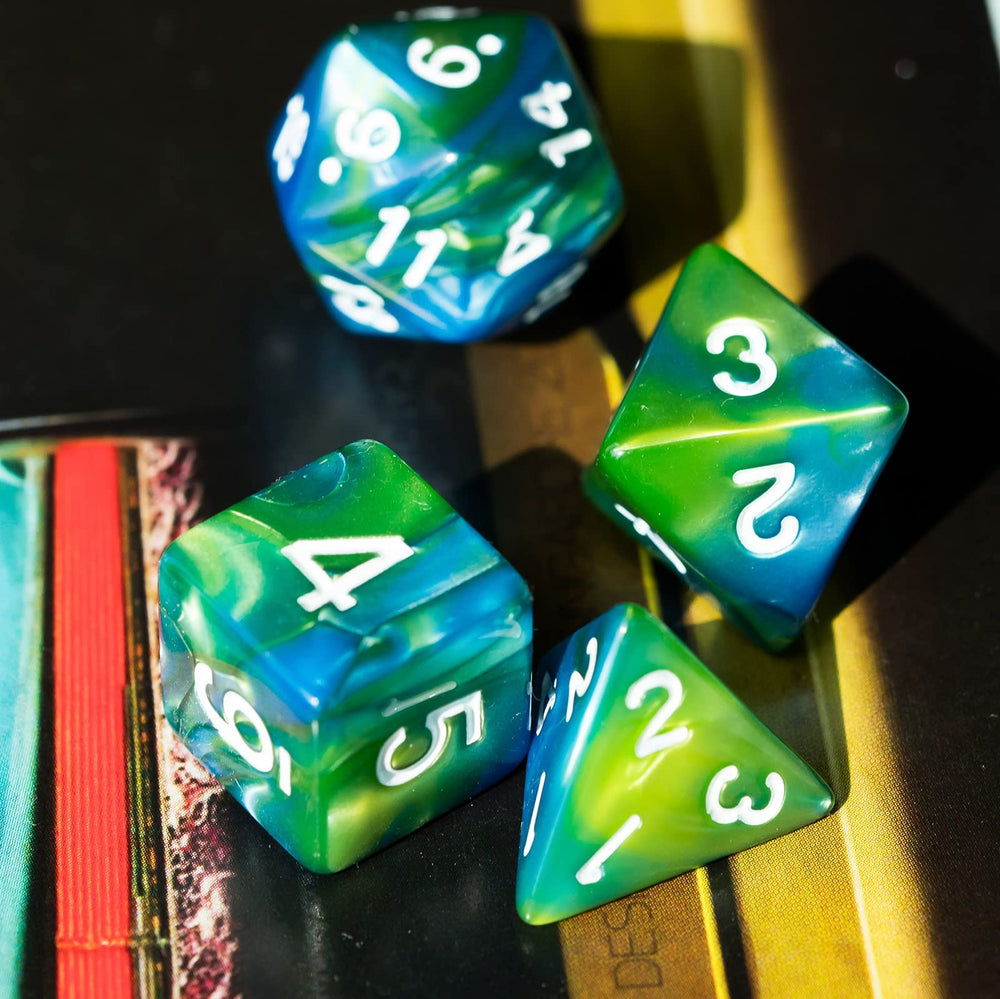 Poludie polyhedral dice set in use during tabletop game.