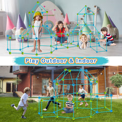 Pomasy group play fosters cooperation during multi-child fort projects.