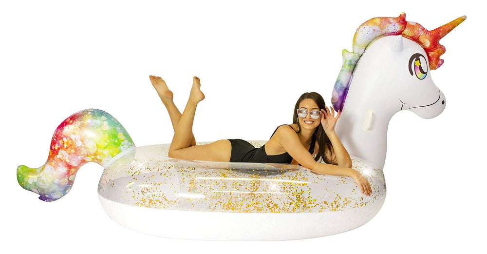 PoolCandy Gigantic Unicorn raft shown with 30-day warranty label.