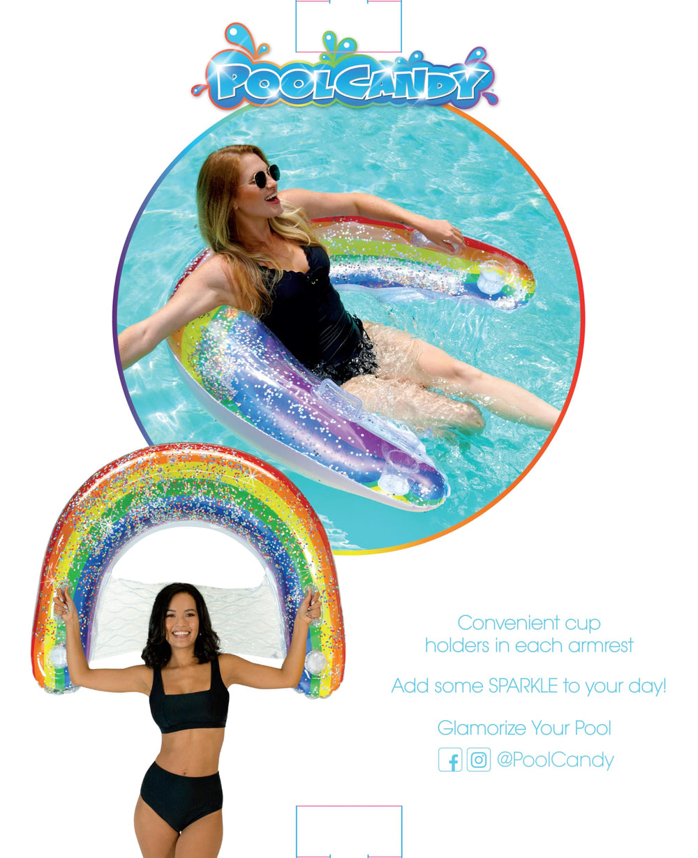 PoolCandy Rainbow Haze Sun Chair shows vibrant lighting for poolside lounging