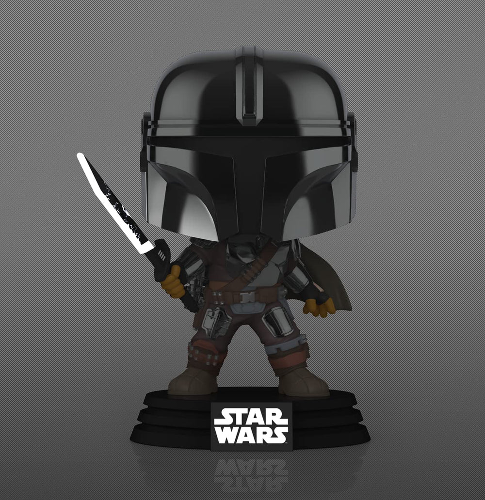 POP Funko Mandalorian Darksaber exclusive box protects a window display
