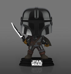 POP Funko Mandalorian Darksaber exclusive box protects a window display