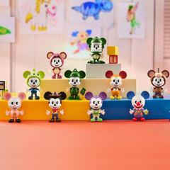 POP MART Disney Mickey Remixed assembled figure pulls focus on a shelf