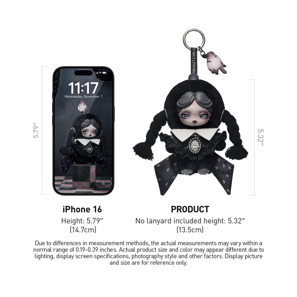 POP MART Skullpanda × Wednesday Plush packaging shot, ready-to-gift presentation.