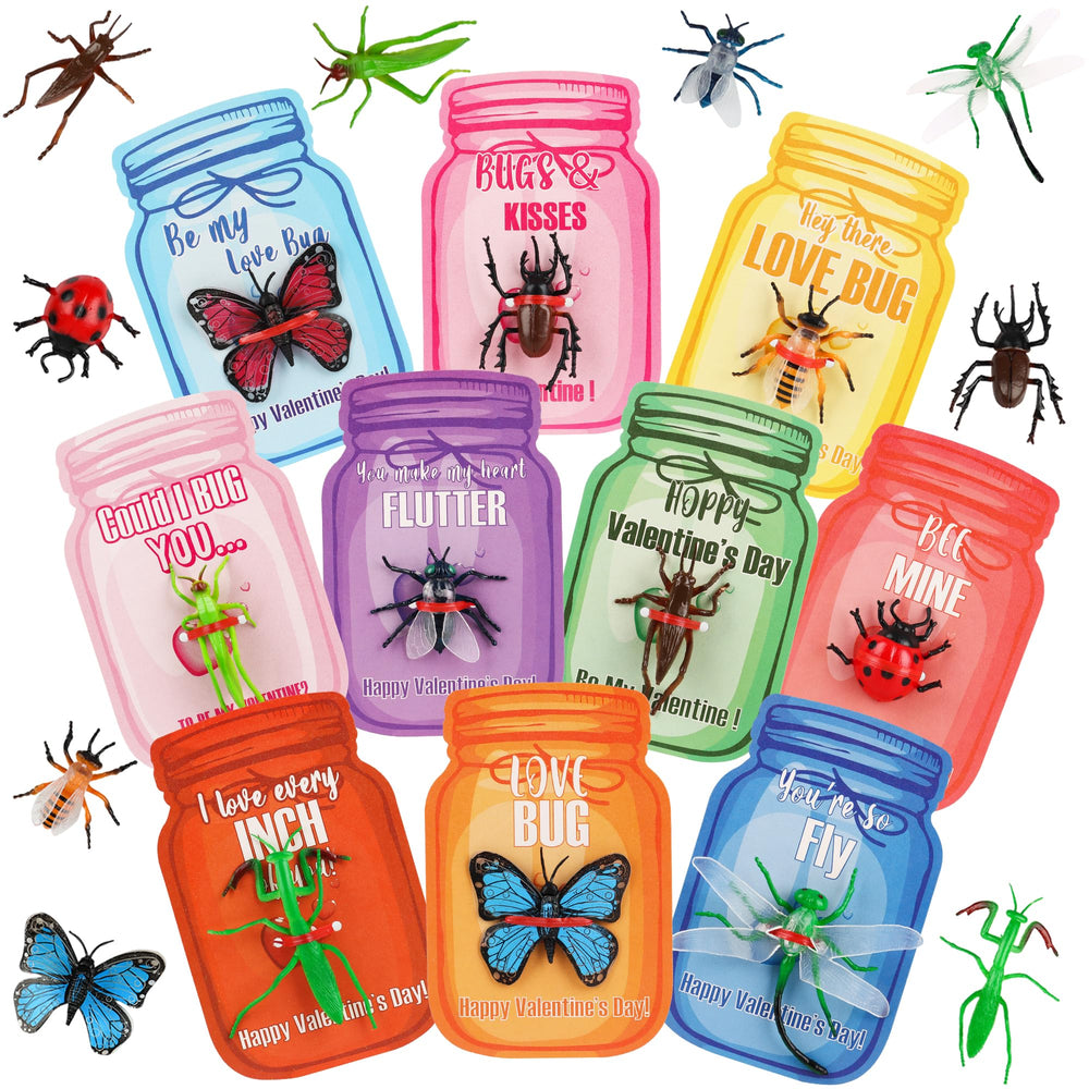 POPGIFTU love-bug valentines cards with insect toys for classroom exchange.
