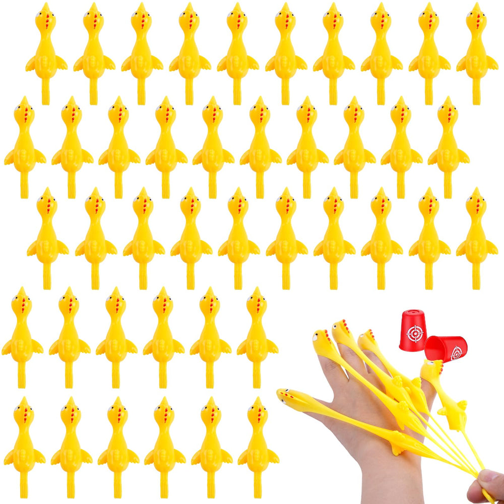 POPLAY 42-piece flying chicken slingshot pack shown at a party for group play