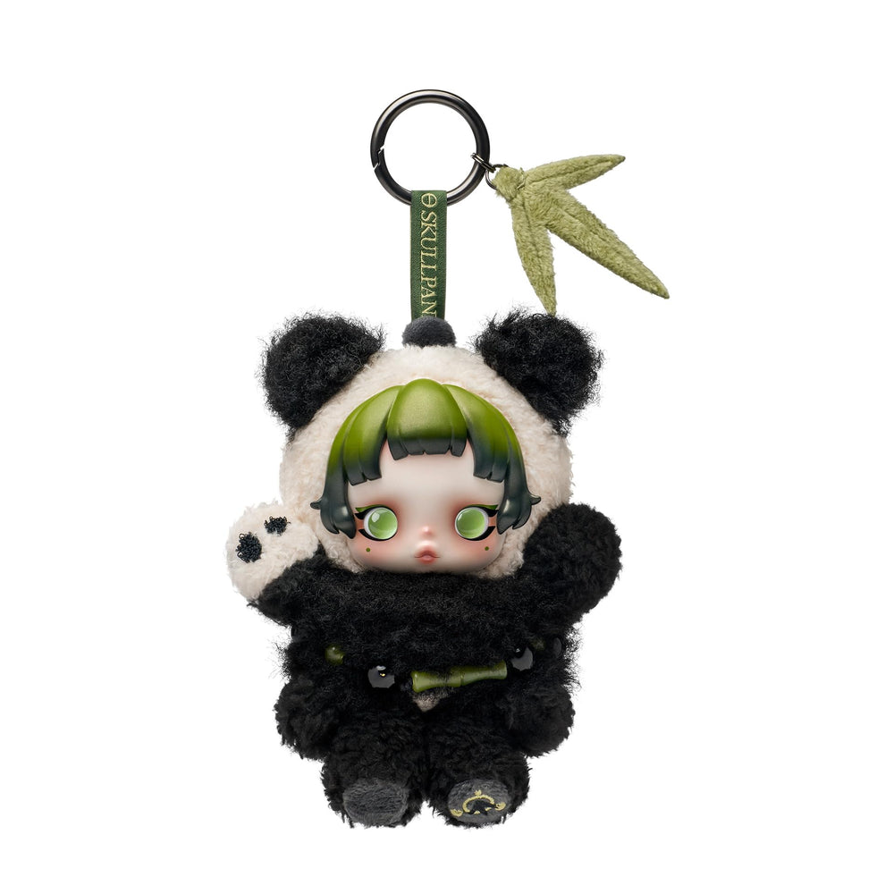 POP MART Skullpanda Lazy Panda Plush Pendant standing 5.31 inches tall for desk display.