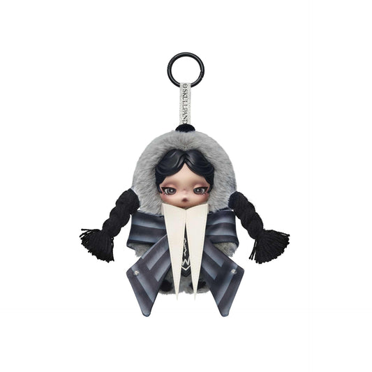 POP MART Skullpanda Wednesday plush figure highlights Nevermore Academy styling, ideal for desk decor and gifting