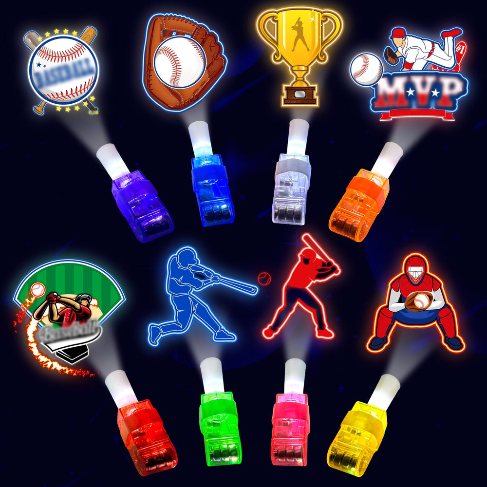 POPOOO baseball LED finger light with patterns for party fun and glow-in-the-dark use.