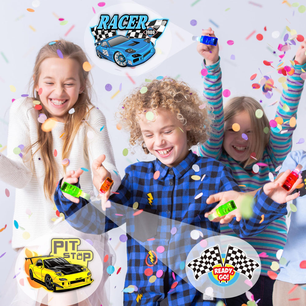 POPOOO checkered flag race car patterns light up kids' events.