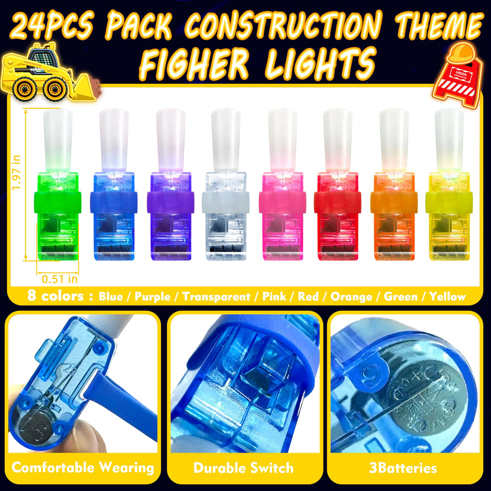 POPOOO construction trucks patterns finger lights create a lively event vibe.