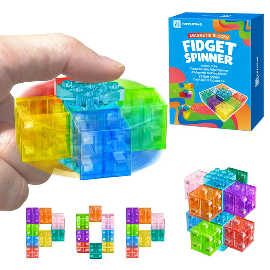 PopPlaying 4in1 spinner blocks top view; magnets support focus and creativity.