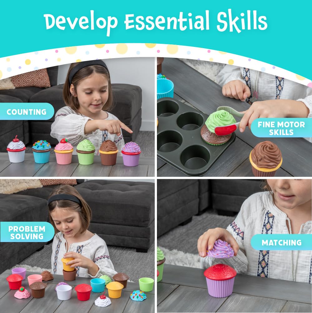 Popular Playthings Magnetic Bake Cupcakes set assembled scene for a kid-sized bakery experience.