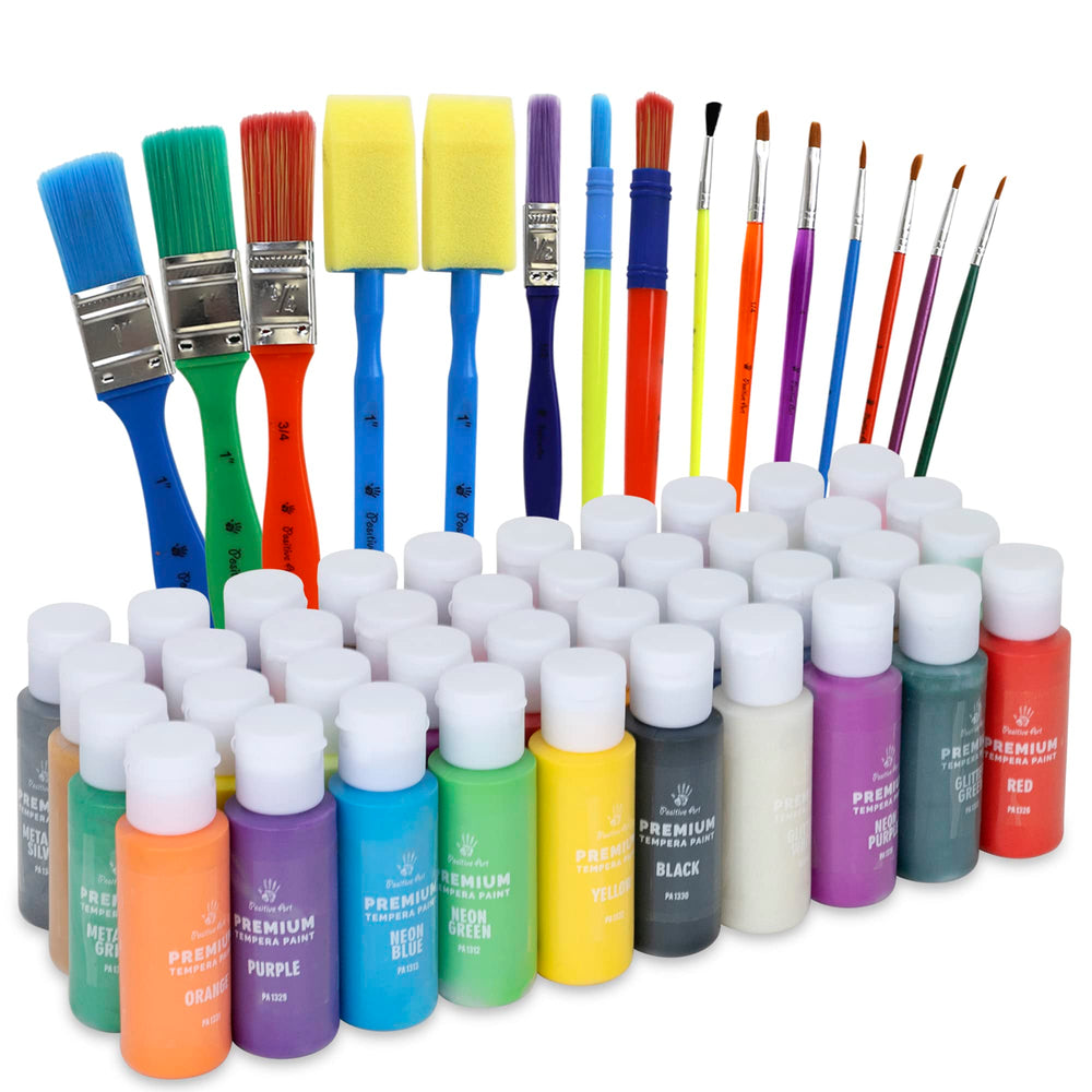 Positive Art kids tempera set with 40 color bottles for easy DIY art projects.