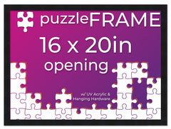 Poster Palooza 16x20 black wood frame securing a completed puzzle display