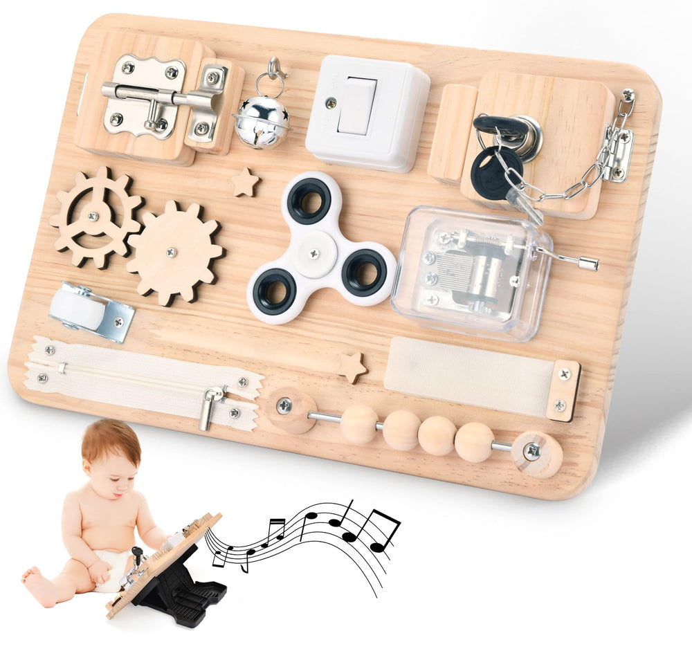 Potatomato Busy Board latches for fine motor play and problem solving.
