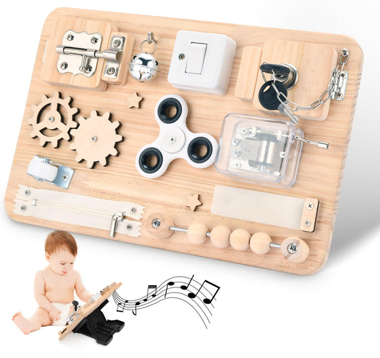 Potatomato Busy Board latches for fine motor play and problem solving.