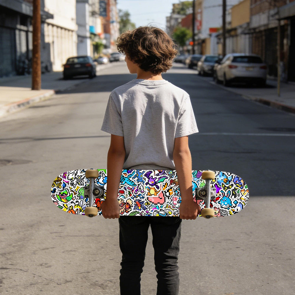 Pounchi pixel art stickers on a guitar case show playful flair and water resistance.