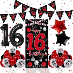 Pounira 16th birthday door banner red and black for a bold entry and photo moment.