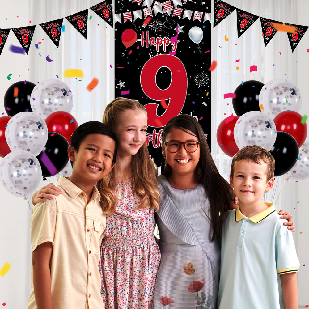 Pounira 9th birthday triangle flag banner for a vibrant party backdrop
