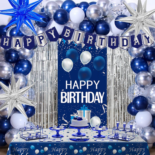 Pounira blue birthday door banner creates a festive entry for guests.