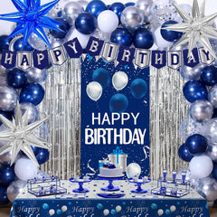 Pounira blue birthday door banner creates a festive entry for guests.