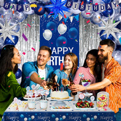 Pounira navy blue birthday banner complements decor and photos.