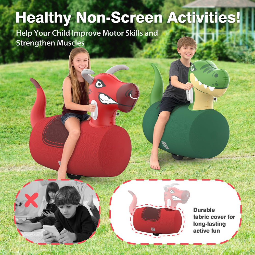 POVRYE bull ride-on toy features saddle seat and front handles for stability.