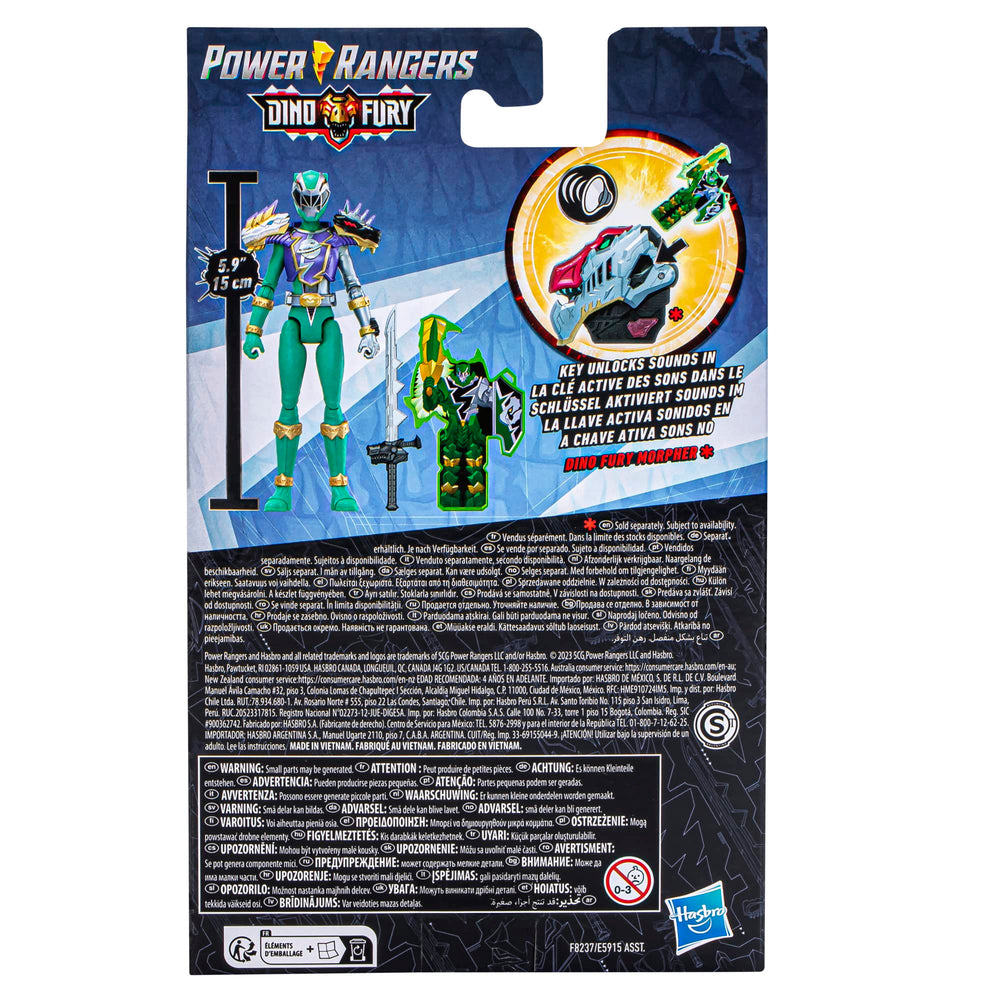 Power Rangers Dino Fury Green Ranger Cosmic Armor detail enhances collectible display.