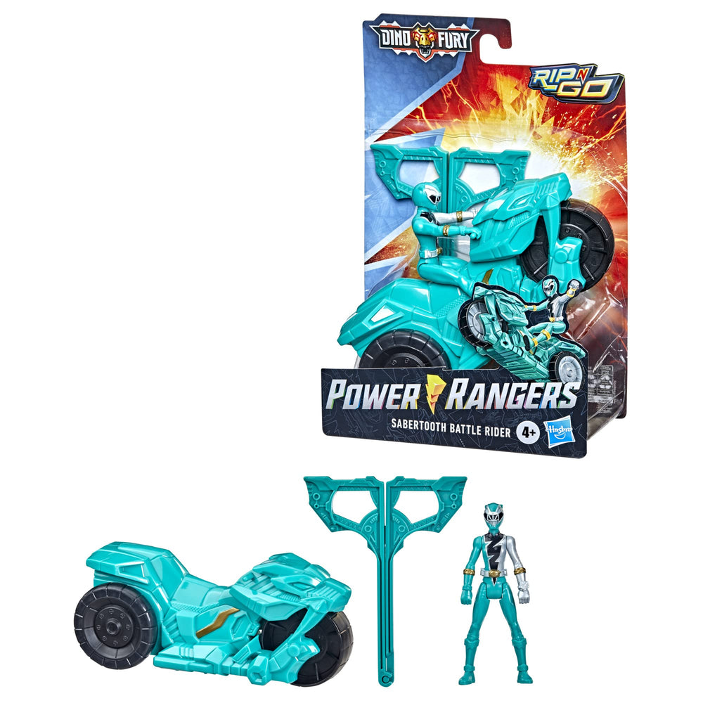 Power Rangers Sabertooth Battle Rider wheels enable dynamic rolling play.