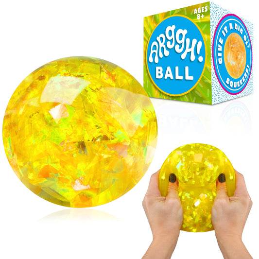 Power Your Fun Arggh glitter stress ball in yellow for tactile relief during study.