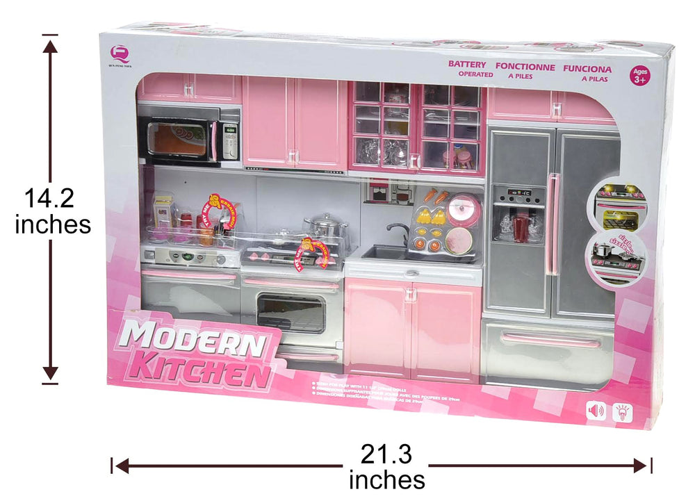 PowerTRC Doll Kitchen Play Set with light and sound adds realism to playtime.