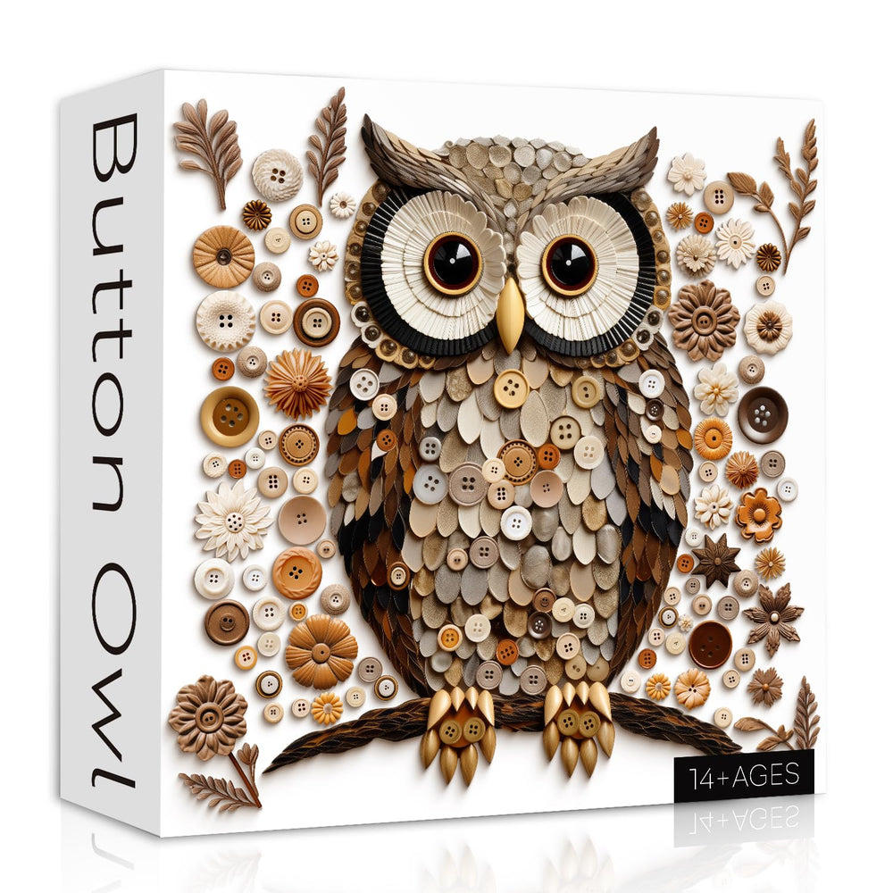 PPuzzling Button Owl Puzzle front view shows button mosaic for wall art inspiration.