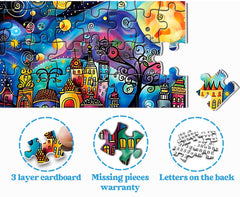 PPuzzling Colorful Houses Puzzle village nightscape—fantasy glow inspires imagination during breaks.