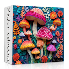 PPuzzling colorful mushroom puzzle box and poster, sturdy packaging for easy gifting and setup.
